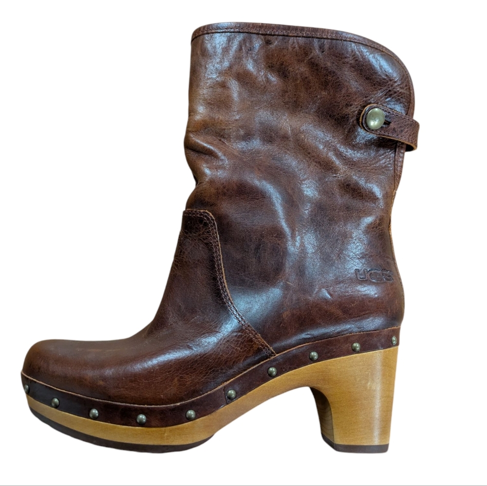 UGG Lynnea Fold Over Sheepskin Lined Brown Leather Boots Size 5 - Picture 5 of 14